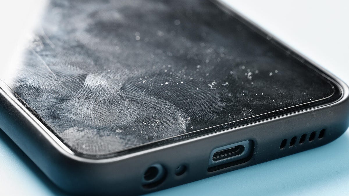 Fingerprint smudges on a smartphone.