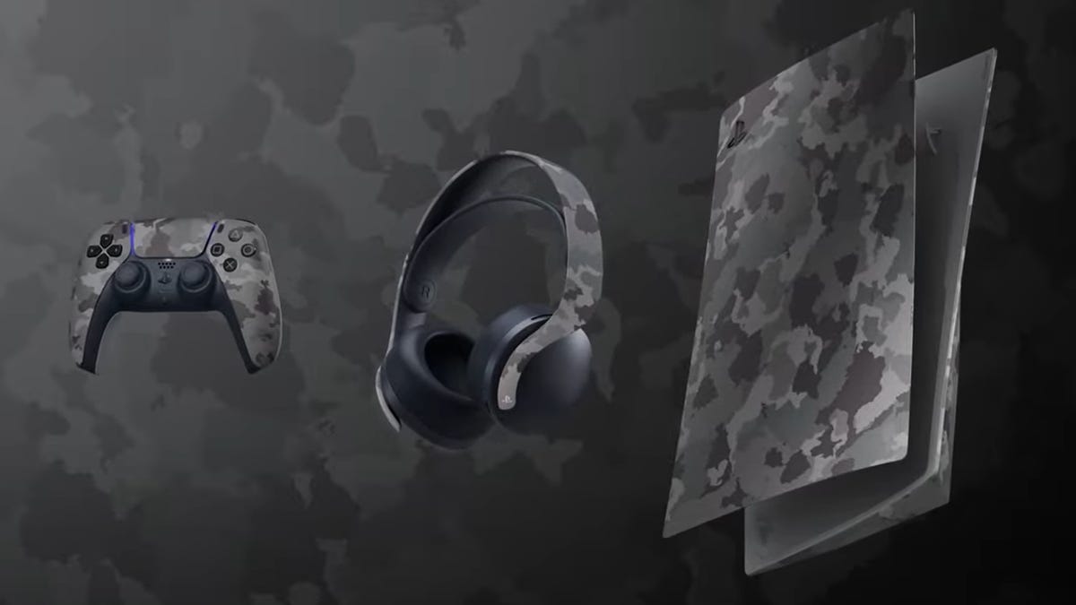 Grey camo PS5 console, controller and headset