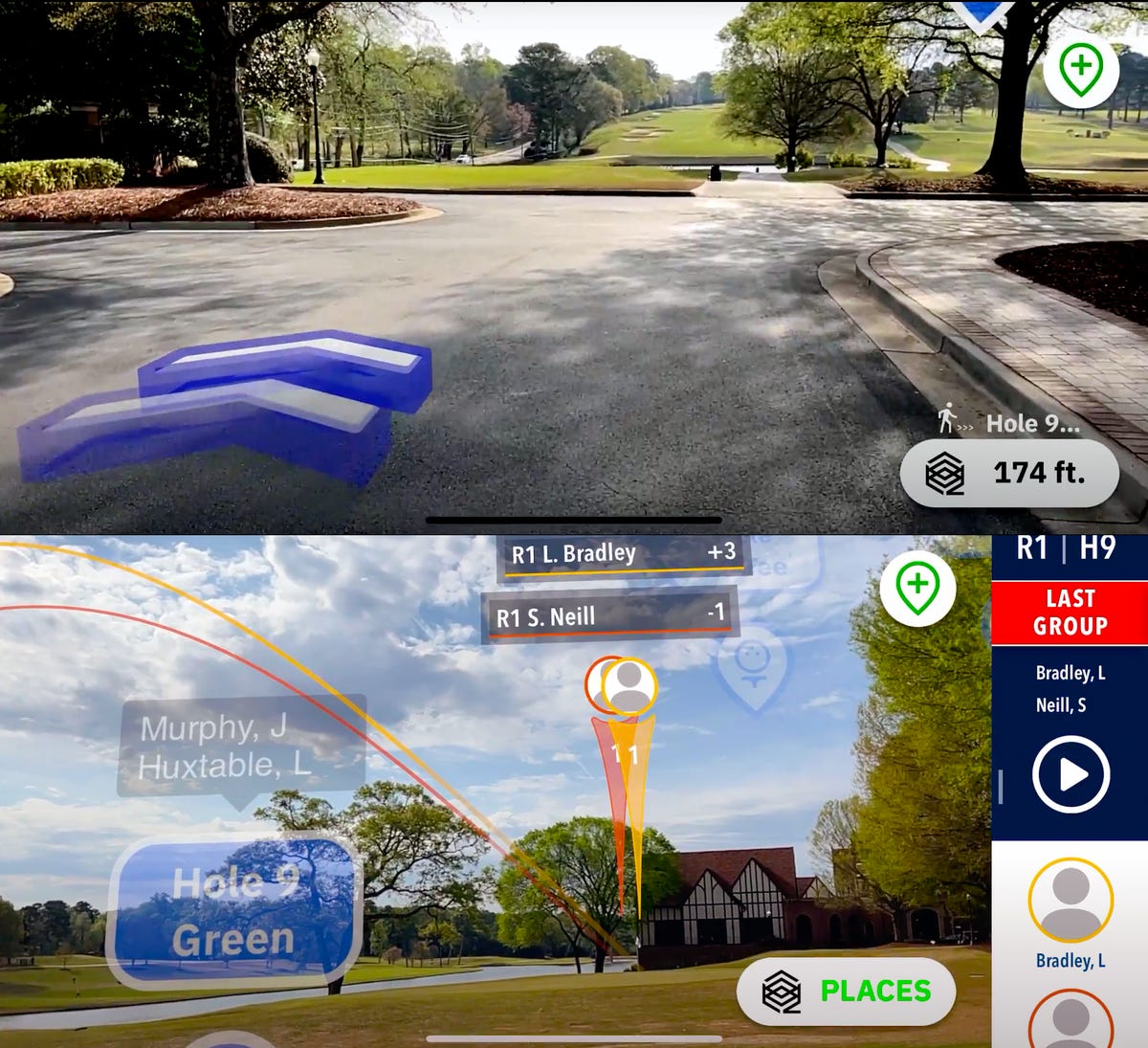 Screenshots showing overlaid directions and data on top of golf courses