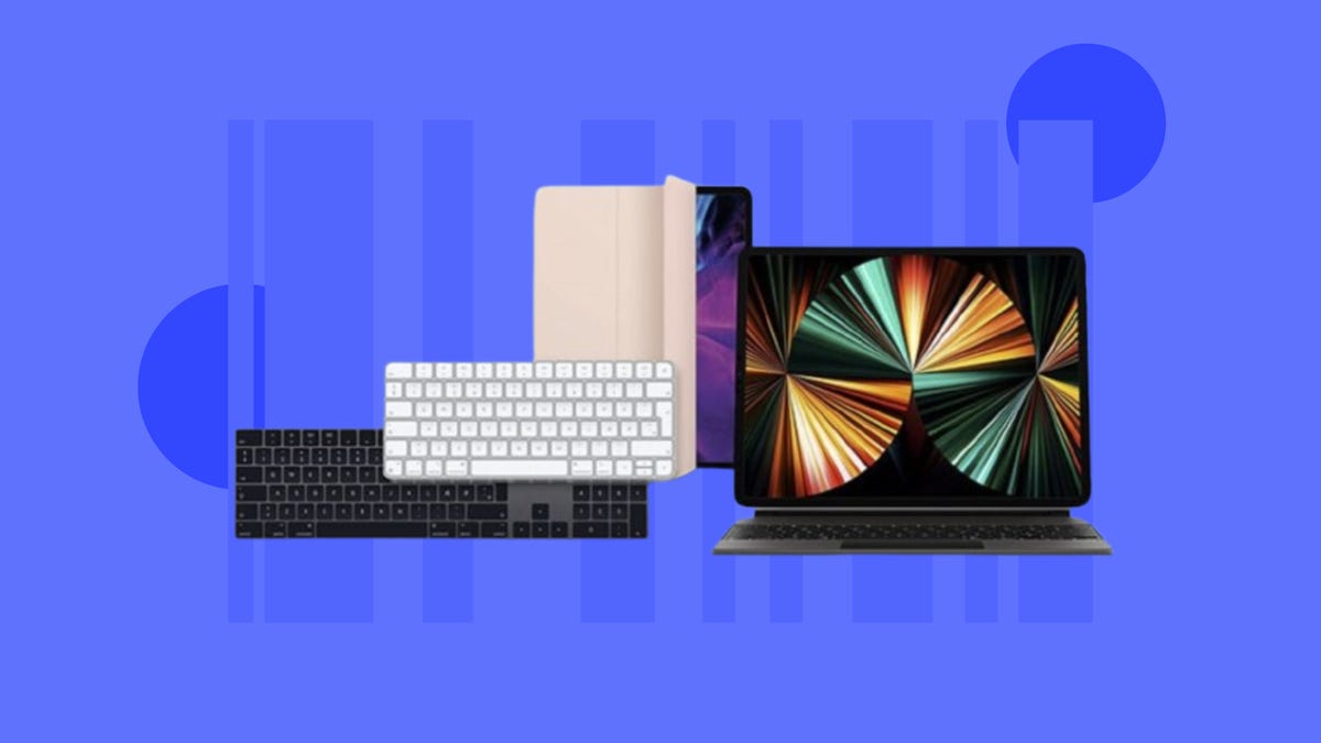 Apple Magic Keyboards and folios are displayed against a blue background.