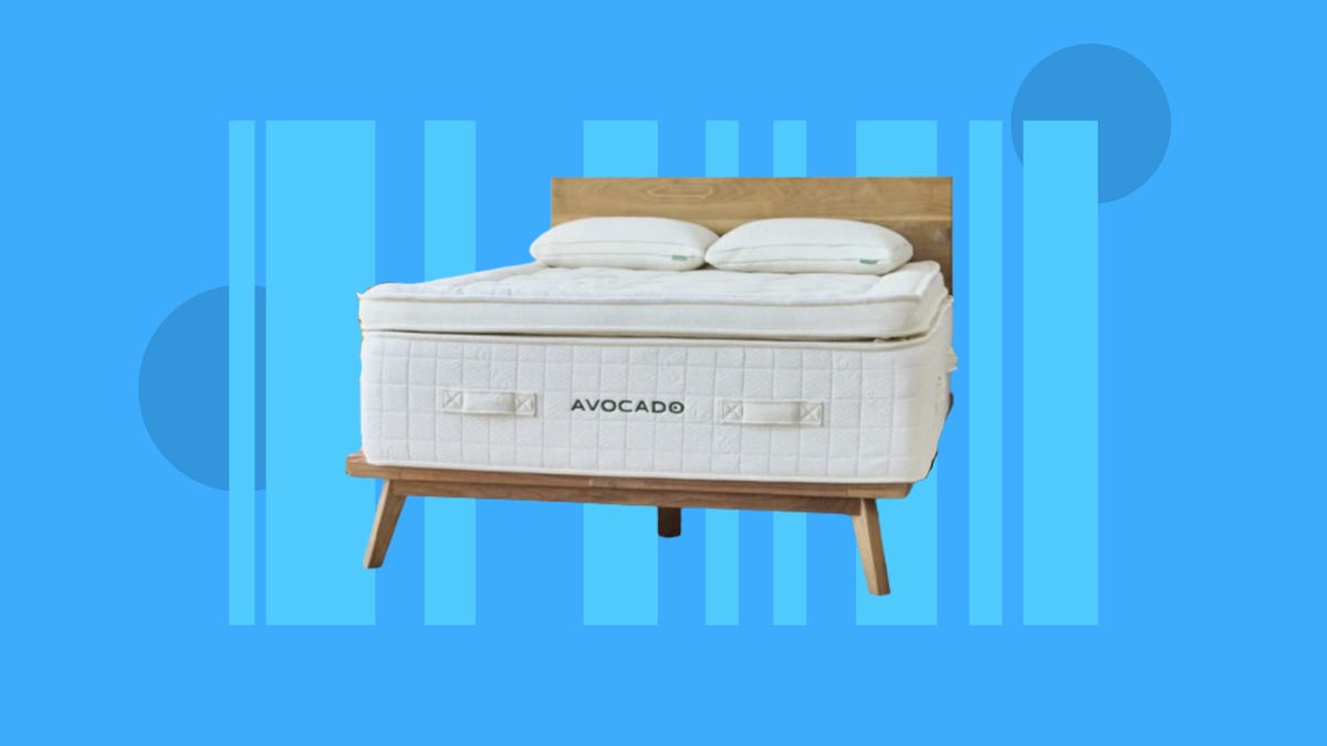 The ultra plush Avocado luxury organic mattress is displayed against a blue background.