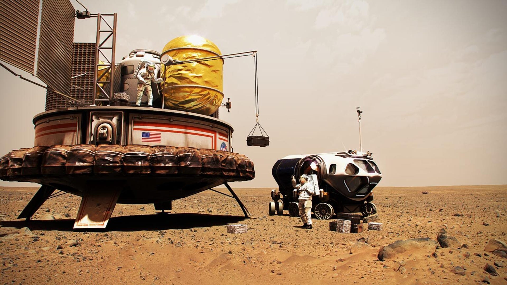 An imagined Mars lander and rover, with astronaut, on the surface of Mars