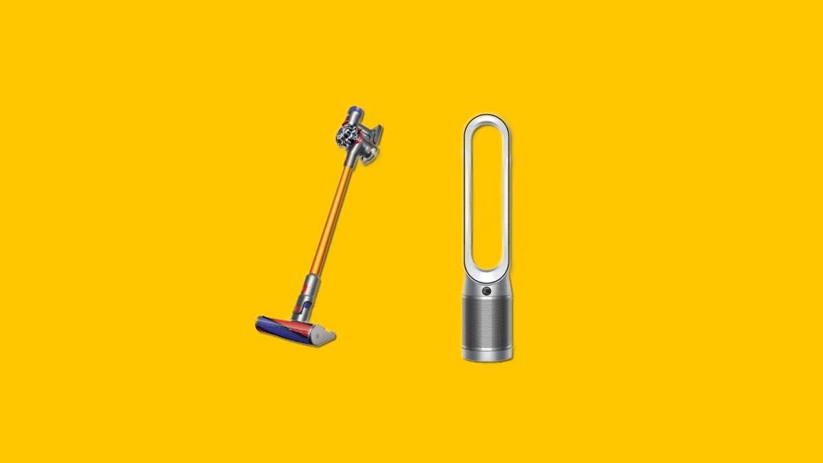 A stick vacuum and an air purifier on a yellow background