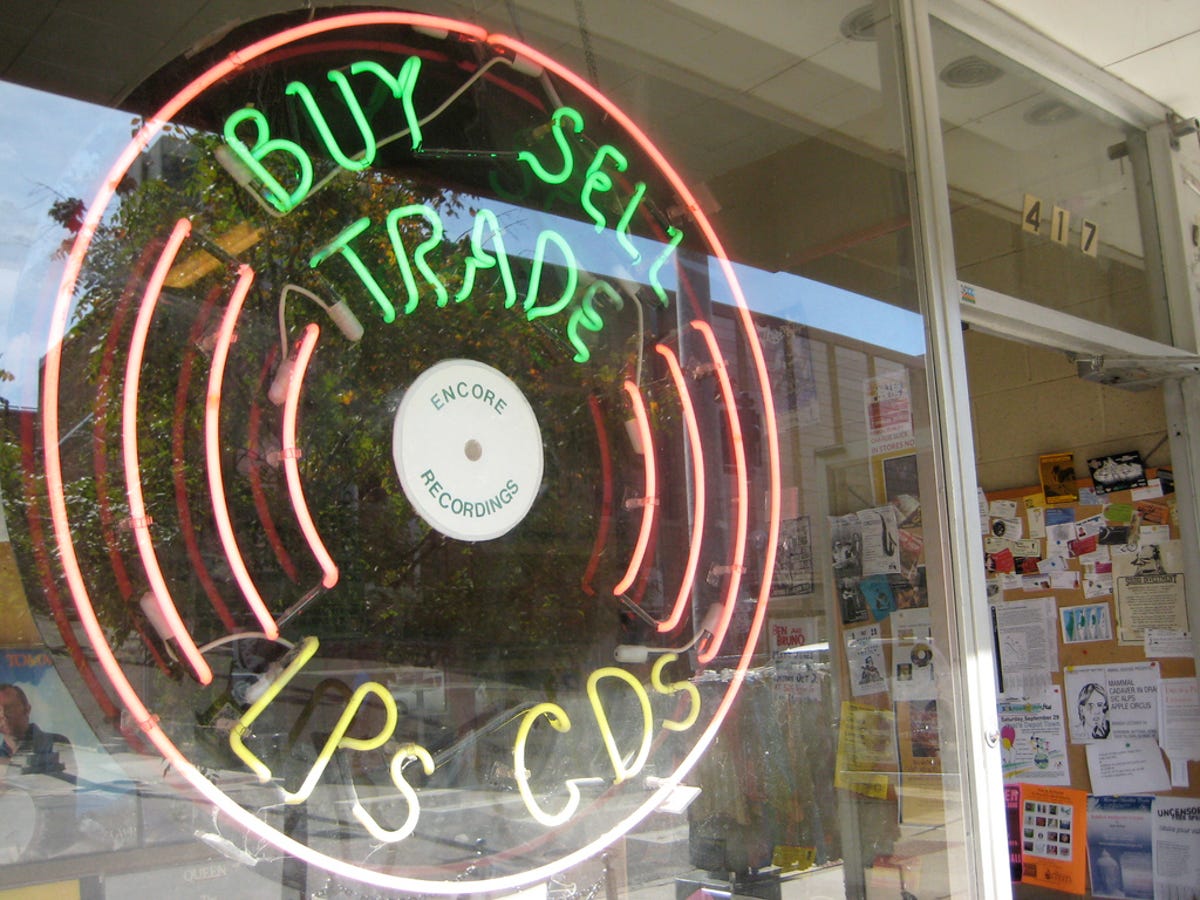 Photo of the front of a record shop.