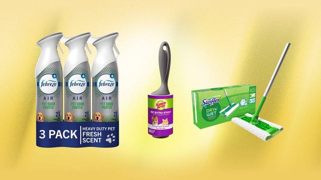 Febreze, Scotch-Brite and Swiffer items are displayed against a yellow background.