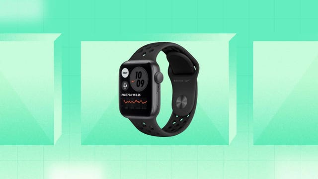 The Apple Watch Nike SE (1st-gen) is displayed against a mint background.