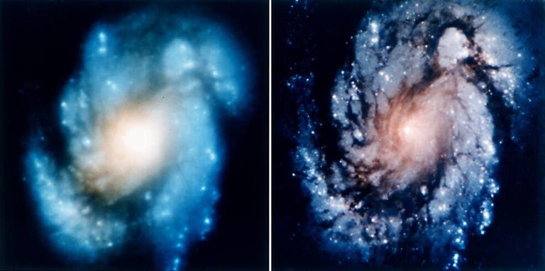 Two views of spiral galaxy M100. The one on the left is fuzzy while the one on the right is much sharper.