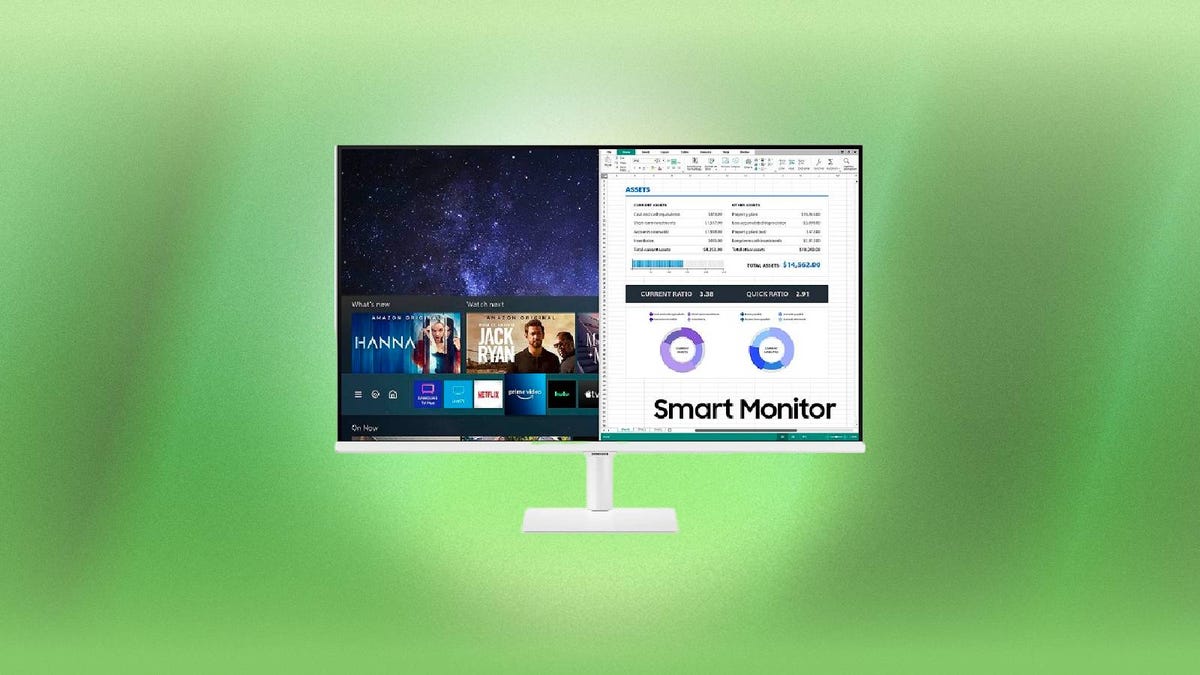 A Samsung smart monitor against a green background.