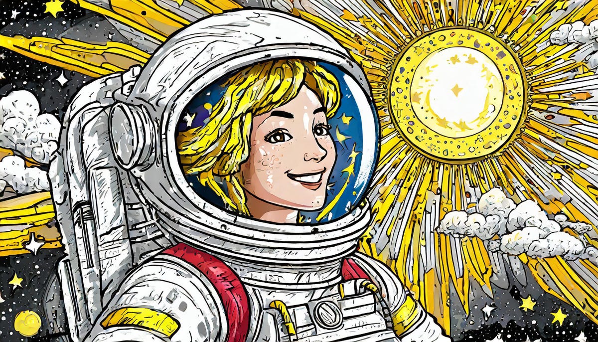 An AI-generated cartoon drawing of an astronaut in front of a blazing yellow sun