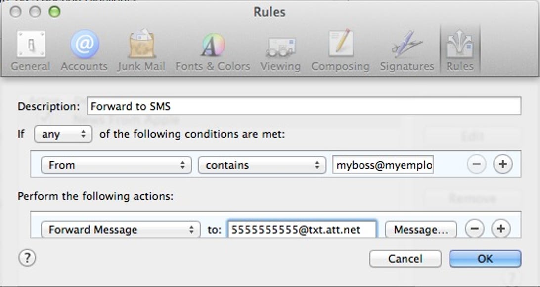 Mac OS X Mail Rules dialog