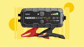 The NOCO Boost Plus GB40 1000A car battery jump starter is displayed against a yellow background.