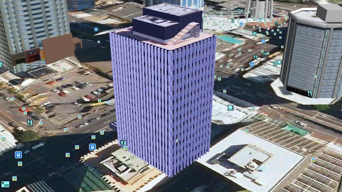 The Best Western President hotel in Auckland, New Zealand, here highlighted in purple on Google Earth.