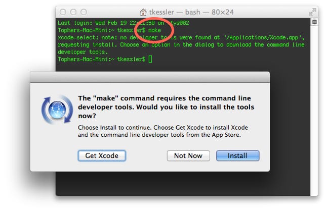 Command line developer tools install prompt in OS X