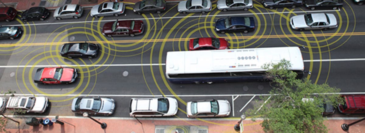 In the connected car future, vehicles will be able to communicate position data to each other. Google's self-driving cars don't rely on this technology, though.