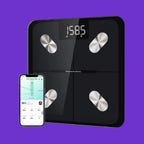 Etekcity smart scale and smartphone app on a purple background