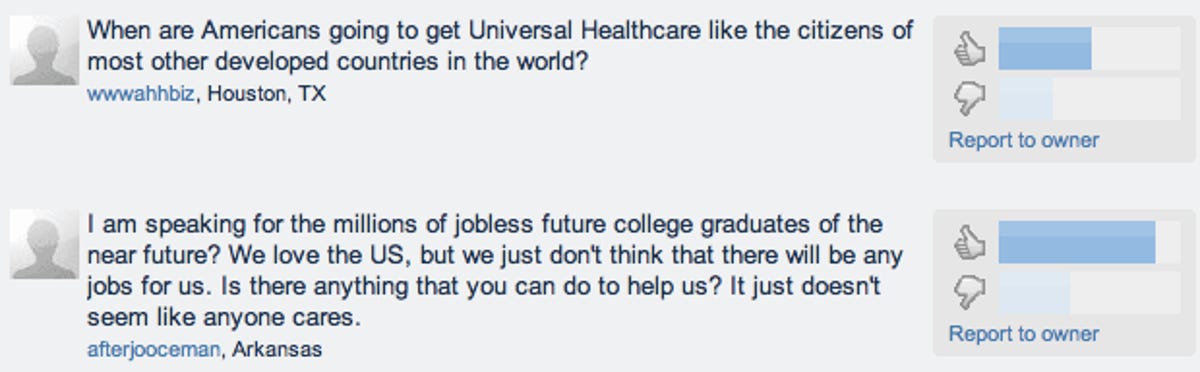 Some of the questions people are submitting for a discussion Obama plans to hold after his State of the Union address.
