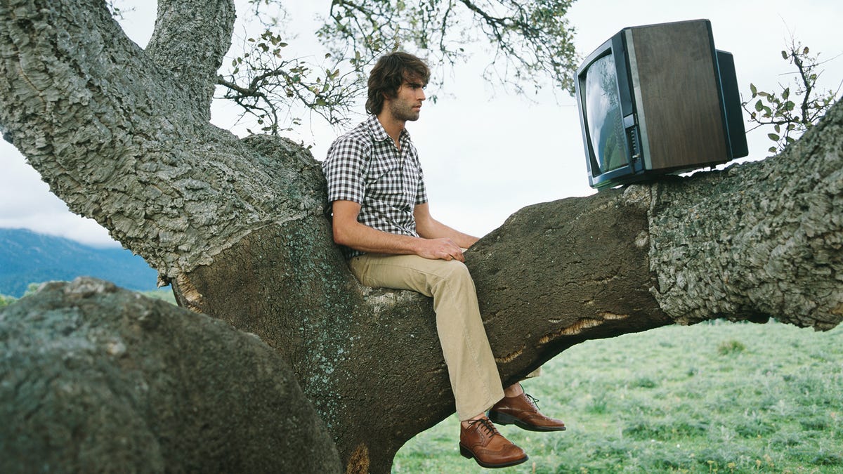 A person watching TV while sitting in a tree