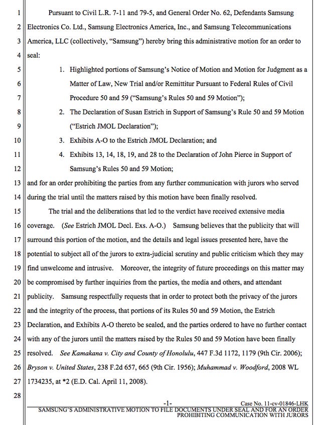 Samsung's brief predicts that its request may "subject all of the jurors to extra-judicial scrutiny and public criticism which they may find unwelcome and intrusive." Click for larger image.