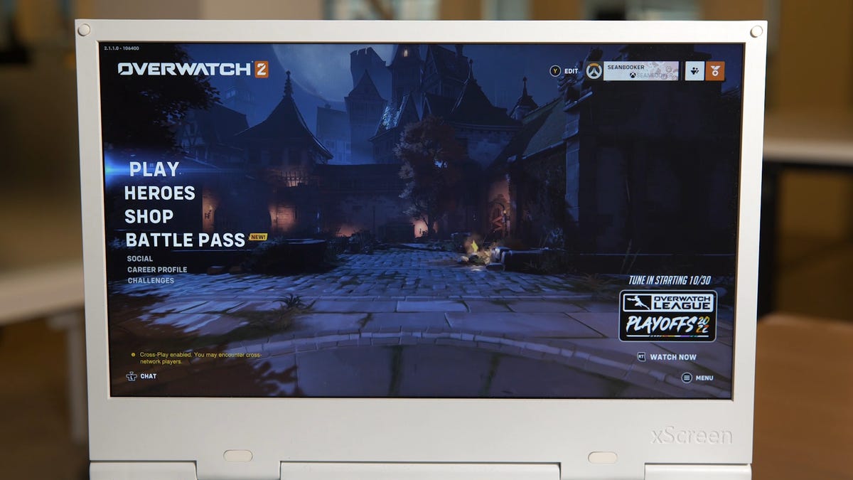 A closeup of the xScreen with Overwatch running on it