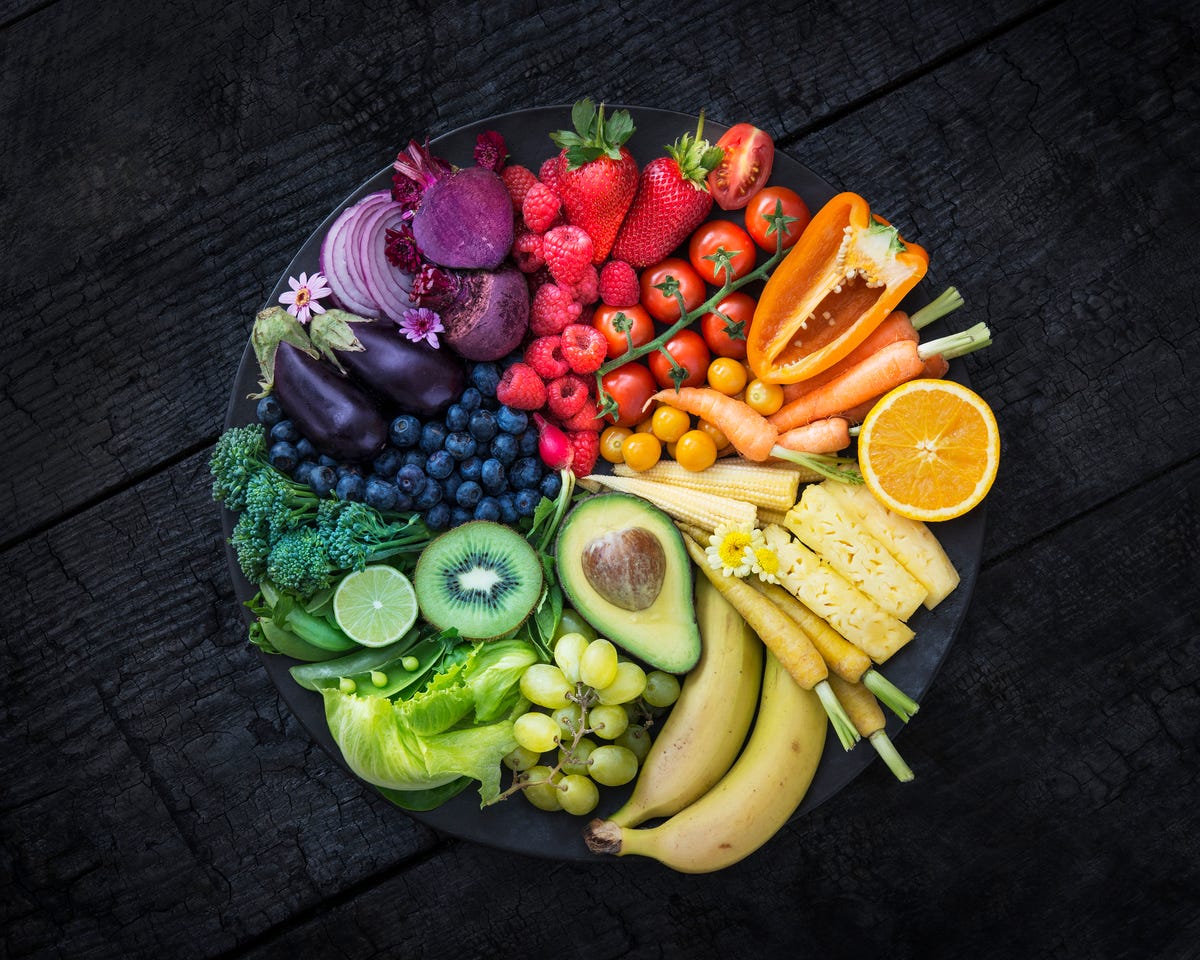 A bright rainbow spectrum of the produce on a plate.
