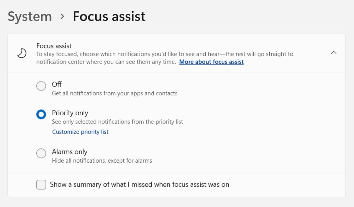 Focus assist settings on Windows 11