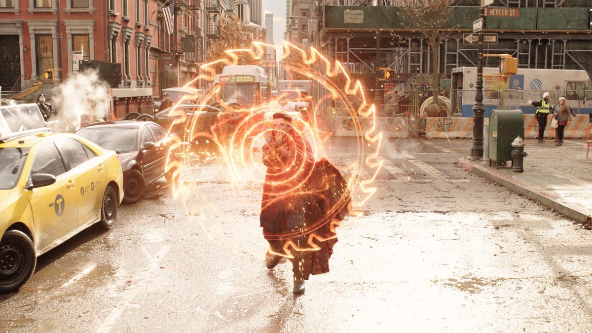 Benedict Cumberbatch makes magic shapes in a New York street in Marvel&apos;s Doctor Strange in the Multiverse of Madness.