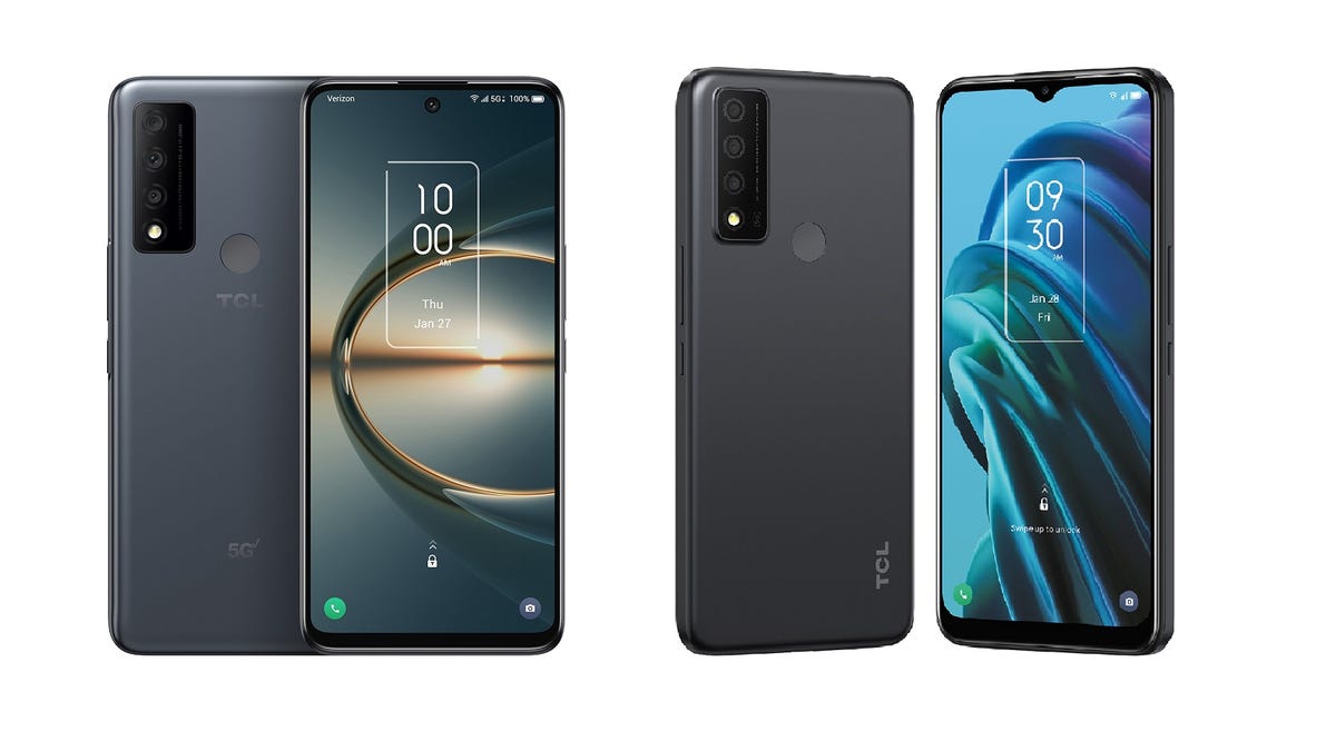 Two TCL phones, the TCL 30 V 5G and TCL XE 5G (left to right), revealed at CES 2022.