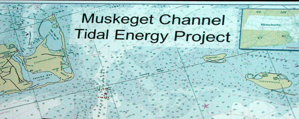 The location of a proposed five-megawatt tidal energy pilot project, which would gather environmental impact data. The project is being led by the town of Edgartown on the island of Martha's Vineyard (on left).