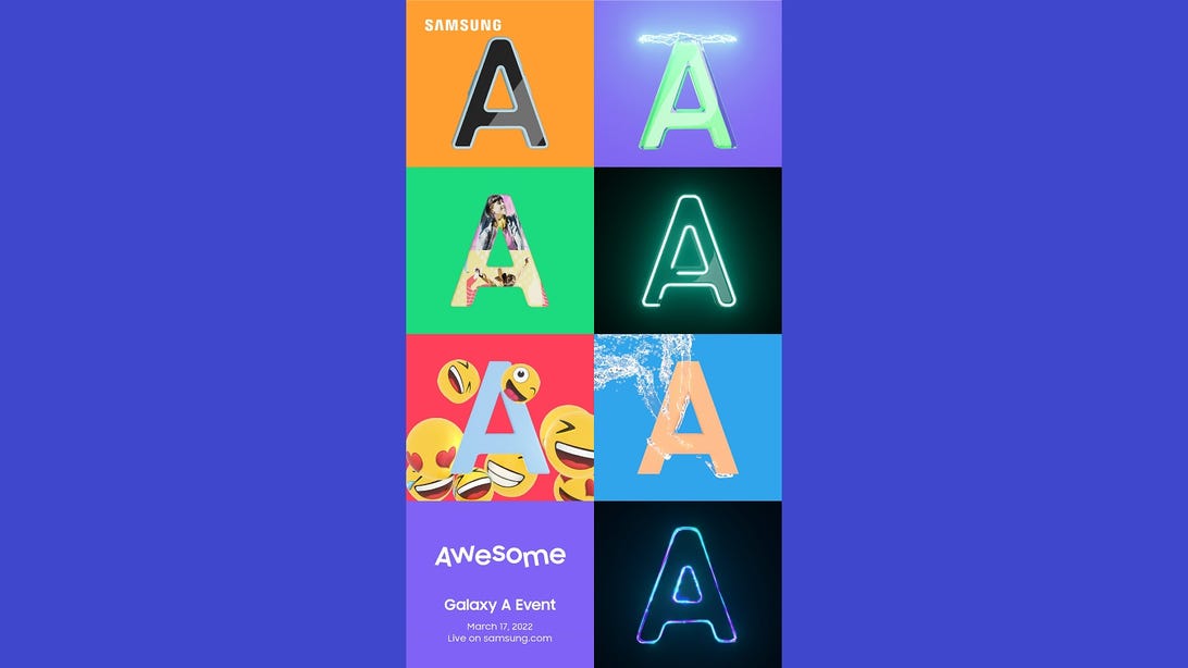 Dépliant pour l'événement Samsung Galaxy A le 17 mars 2022, montrant sept lettres « A » de différentes couleurs avec des émoticônes, des lumières éclairantes, des contours de néon et d'autres indices possibles.