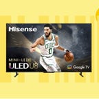 The 65-inch Hisense U8 Series Mini-LED QLED 4K UHD smart Google TV is displayed against a yellow background.