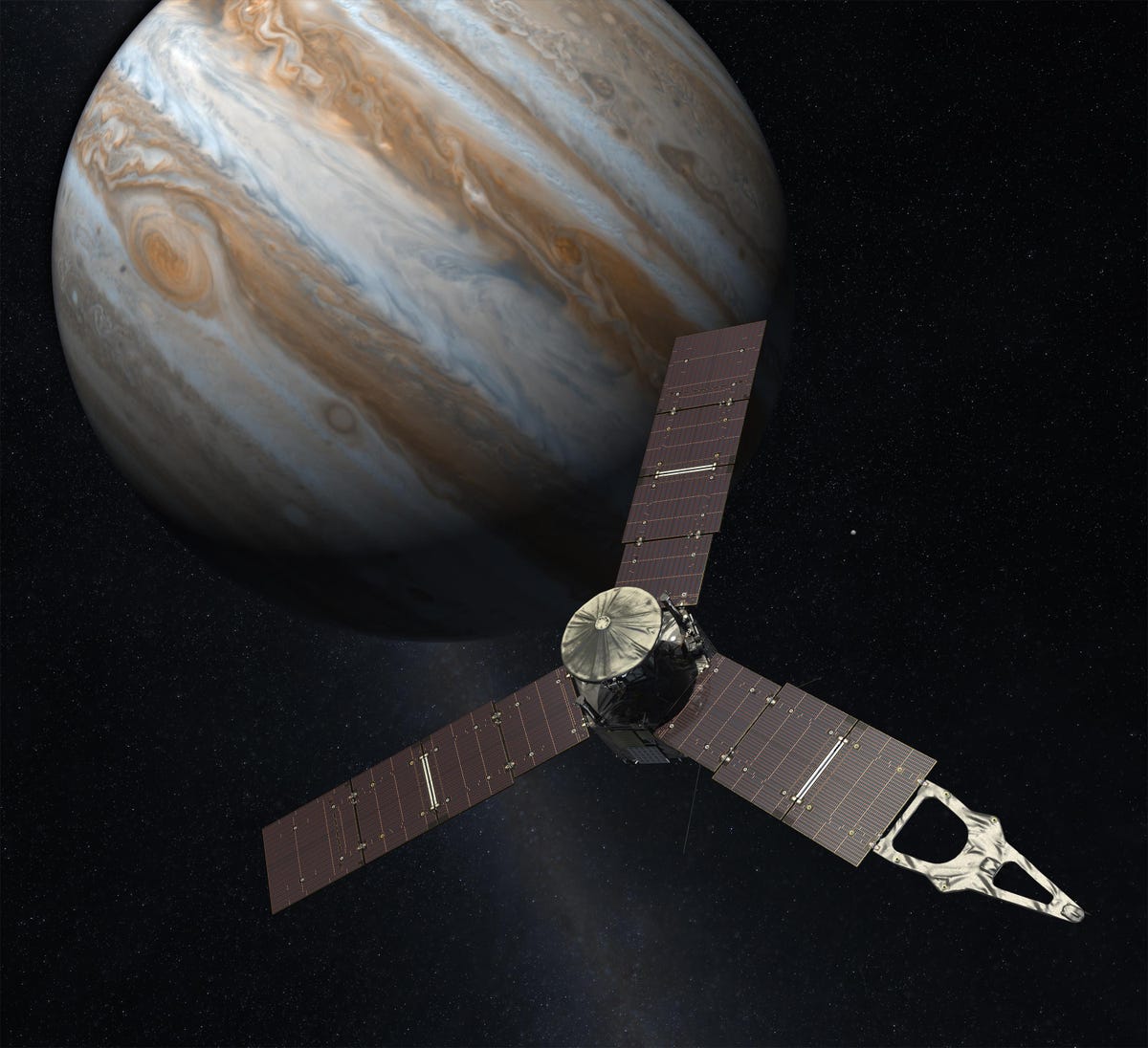 The Juno spacecraft with the planet Uranus in the background