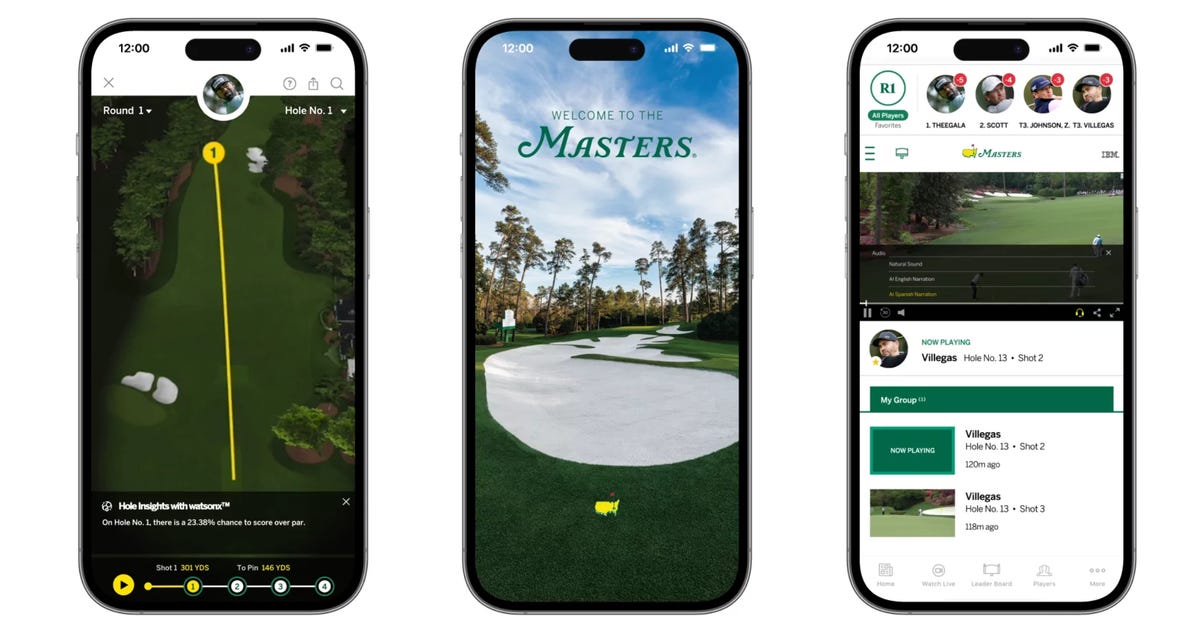 Tres ejemplos de lo que los usuarios de iPhone encontrarán en la aplicación Masters 2024.