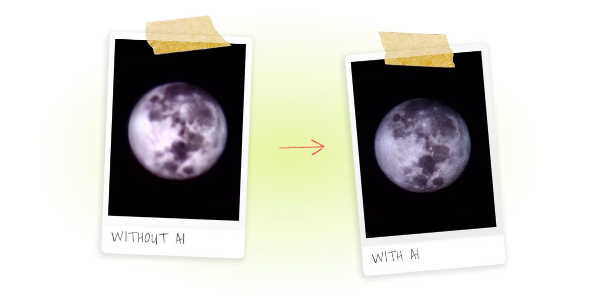 An illustration of how much detail Samsung's Scene Optimizer AI technology adds to a deliberately blurred moon photo