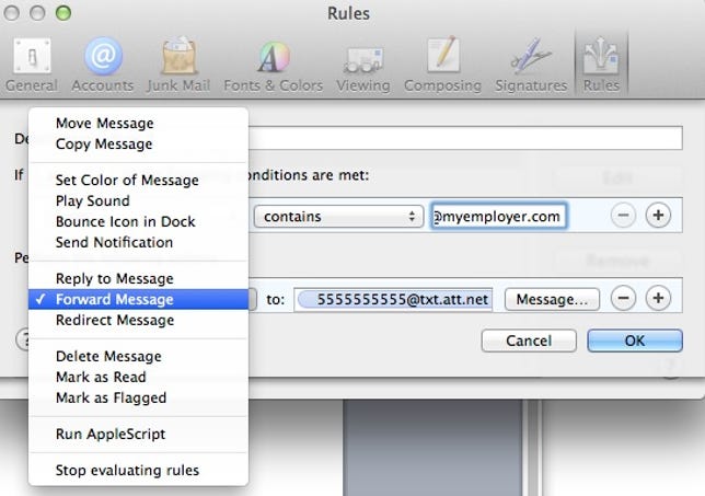 OS X Mail Rules "Perform the following action" options