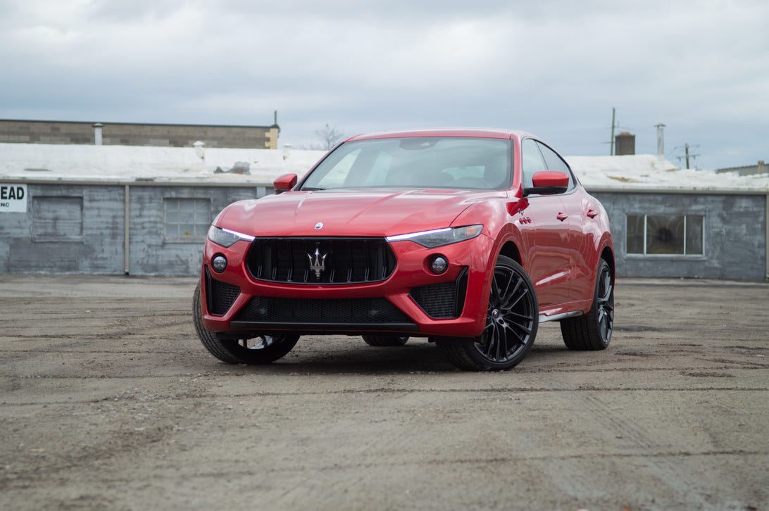 2022 Maserati Levante Trofeo in red, seen from the driver side front eighth