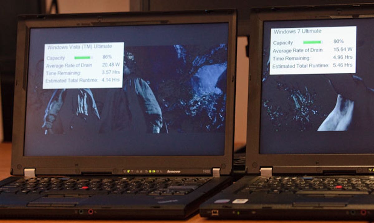Playing a DVD, a Windows Vista Ultimate system, left showed an estimated battery life of 4.14 hours, but the Windows 7 Ultimate system on the right showed 5.5 hours.