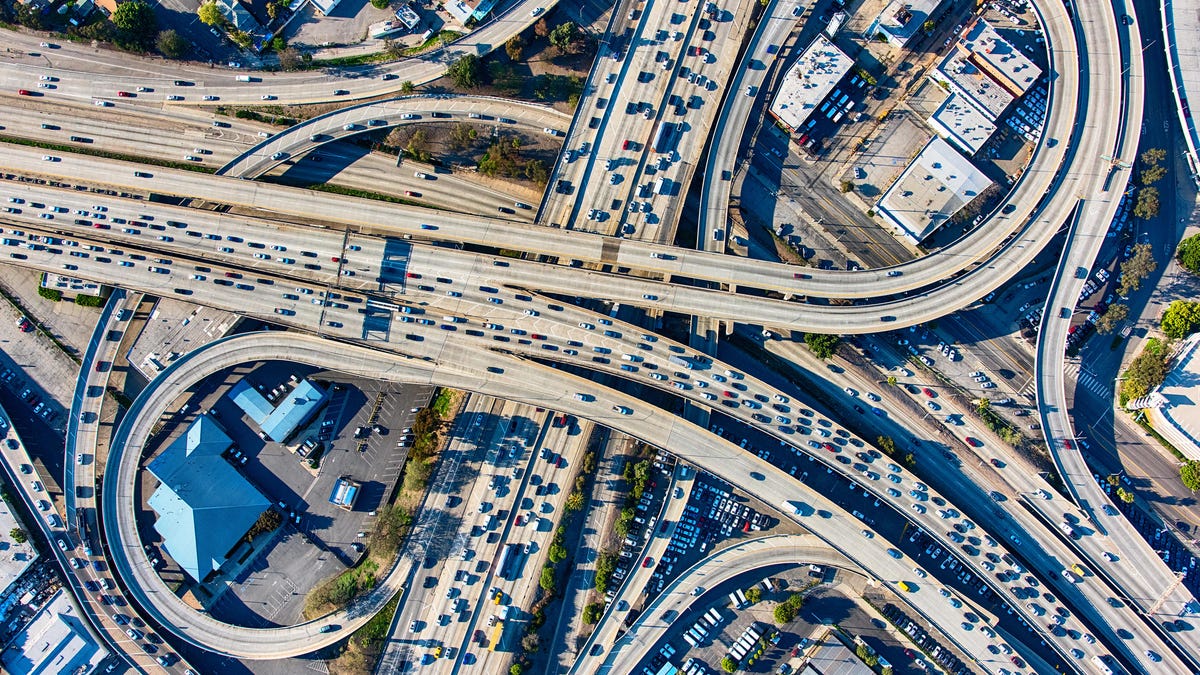 Busy Los Angeles Freeway Interchange Aerial