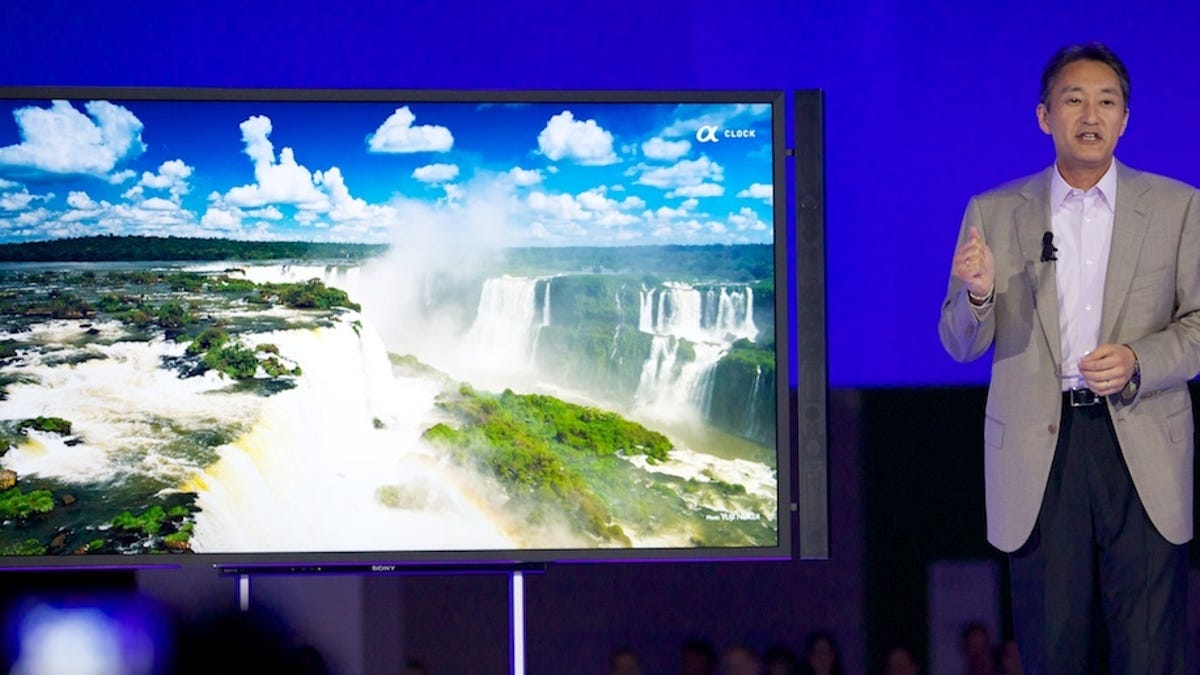 Sony CEO Kazuo Hirai reveals the XBR-84X900, a 3D-capable Bravia TV with a very high 4K resolution of 3,840x2,160 pixels, at the IFA show in Berlin.