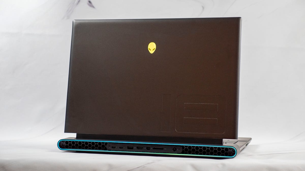 Alienware m18 gaming laptop open from the rear.