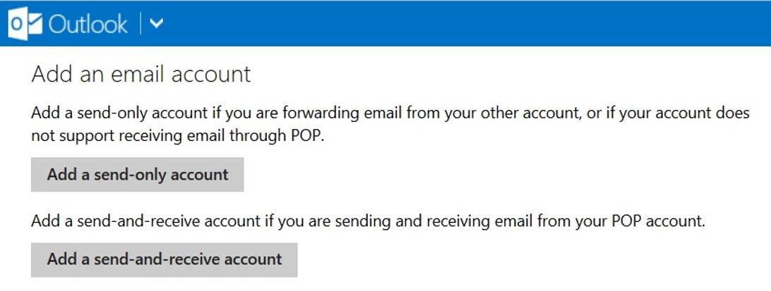 Outlook.com "Add an email account" options