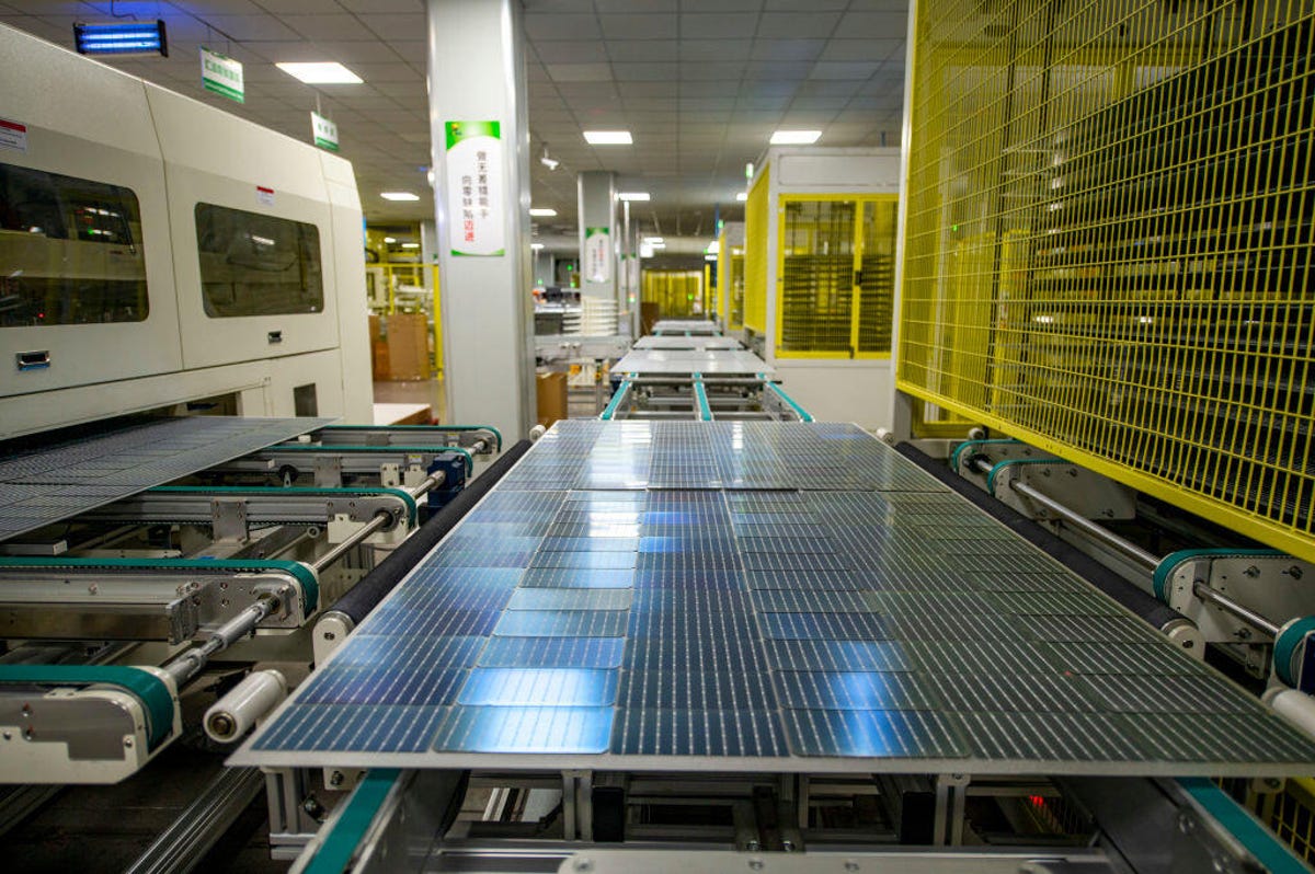 Solar panels being manufactured at a factory in Jinhua, China.