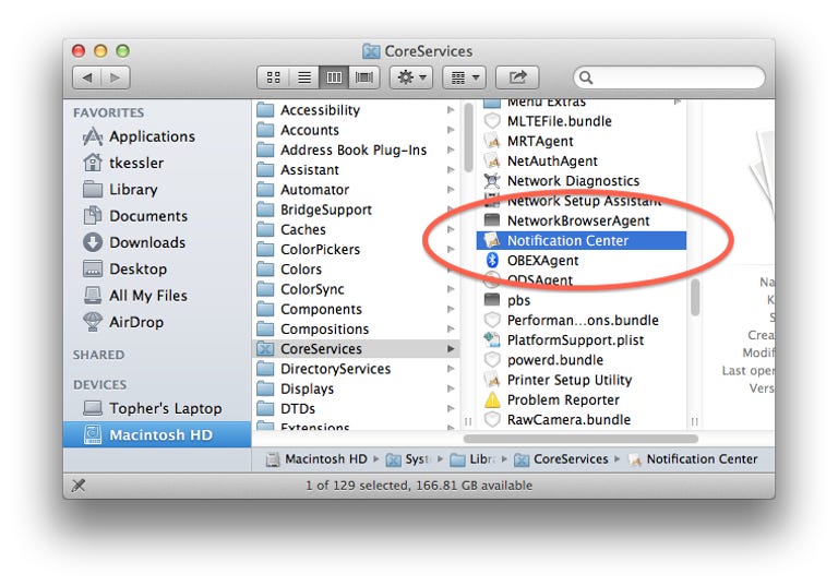 Notification Center in CoreServices folder
