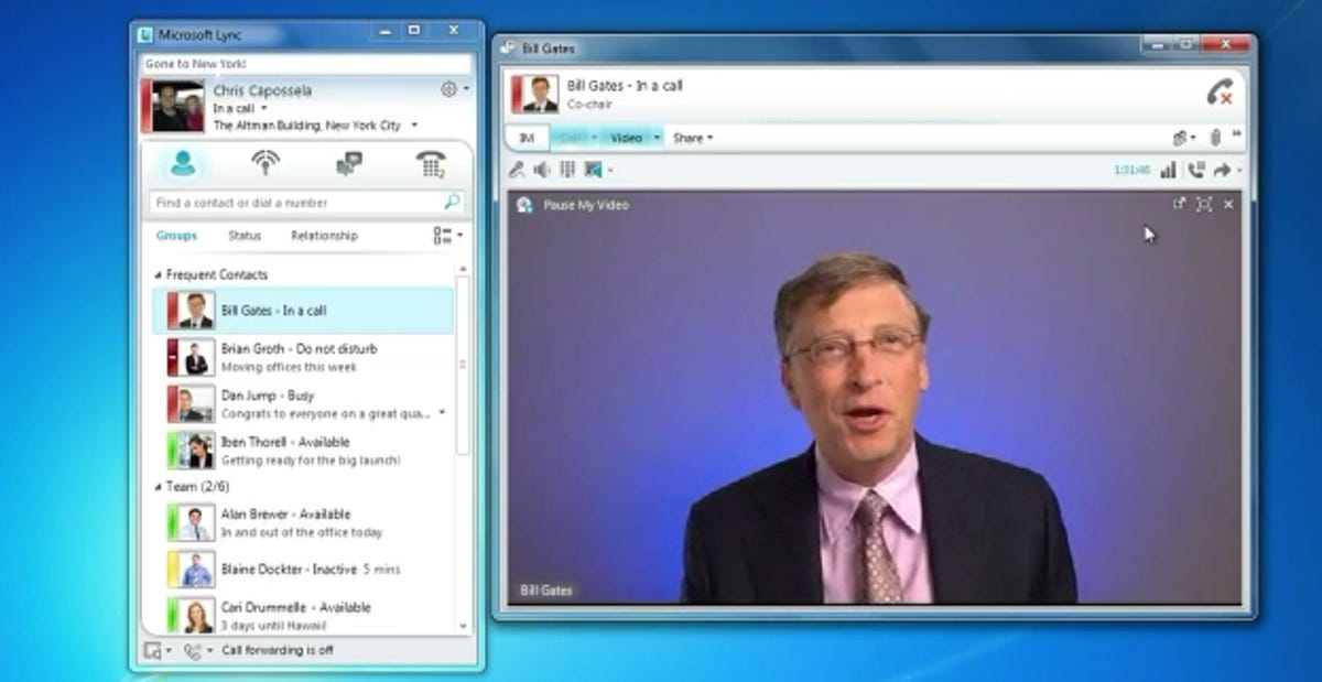 Microsoft chairman Bill Gates hops onto a video chat on Microsoft's Lync product.