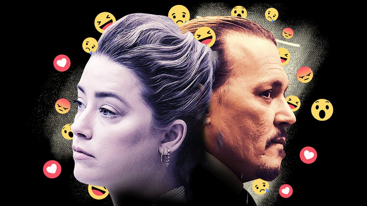 Johnny Depp and Amber Heard surrounded by social media emoji.