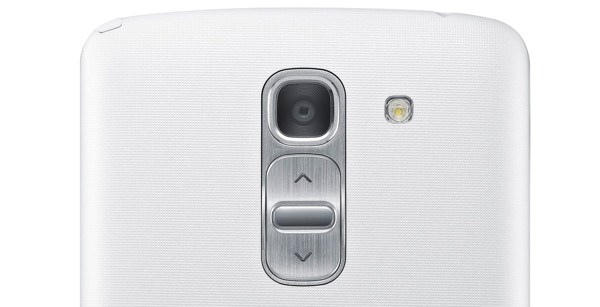 The LG G Pro 2 has a 13-megapixel camera with an LED flash on the back. It also carries over LG's earlier approach of putting the volume and power buttons on the back instead of the sides.