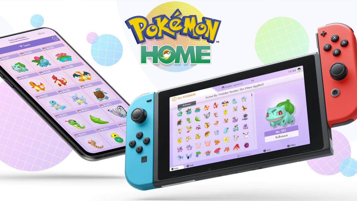 Pokemon Home logo, plus a smartphone and a Nintendo Switch showing a selection of Pokemon