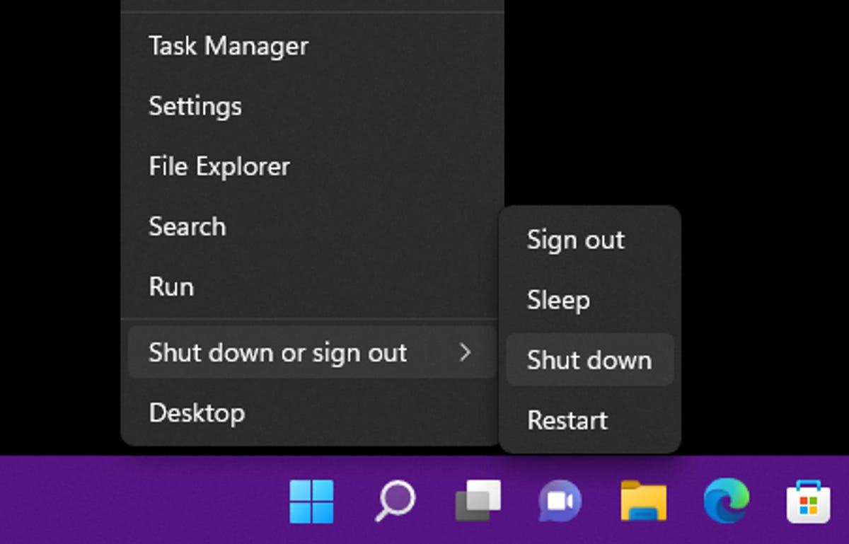 Windows 11 task bar showing shut down options