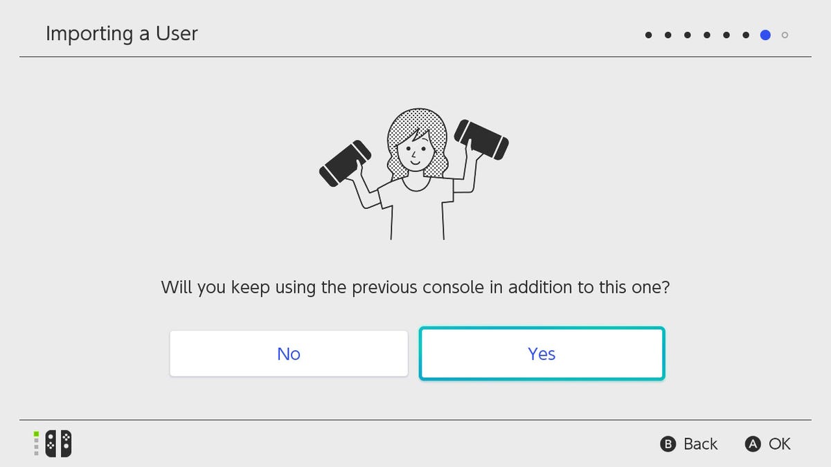Switch OLED "Importing a User" screen when adding a user linked to another Switch console: "Will you keep using the previous console in addition to this one?" with prompts for No and Yes