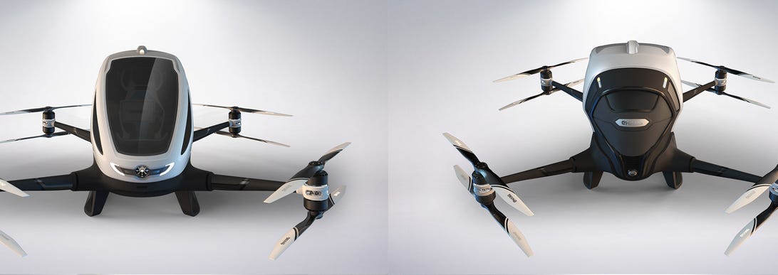 The EHang 184 AAV has eight motors ​powering eight propellers on four folding arms. Its cockpit holds a single passenger weighing up to 220 pounds.