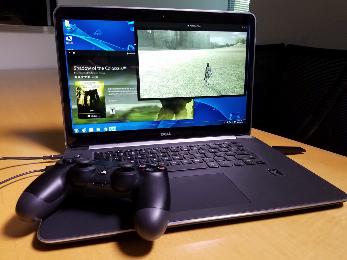 The PlayStation Now service on a Dell laptop screen, showing the game Shadow of the Colossus.